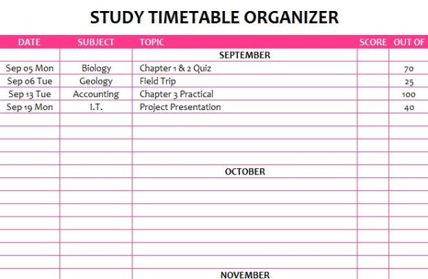 Study Timetable Organizer My Excel Templates