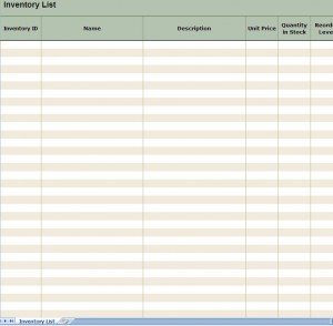 screenshot of the Inventory List Excel Spreadsheet
