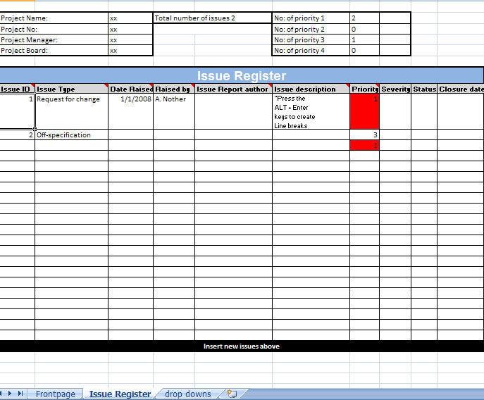 Prince2 Issue Log Excel Template | Prince2 Issues Log