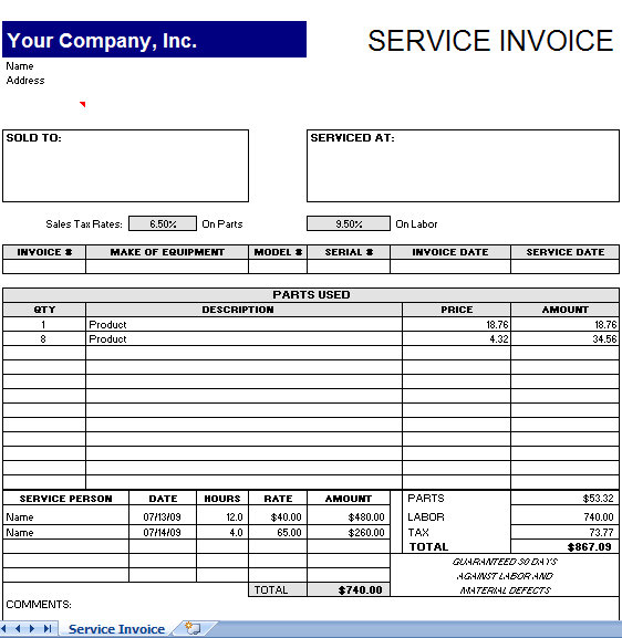 Service Invoice Template Excel Service Invoice