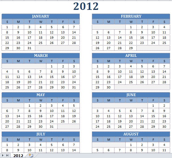 2012 Printable One Page Excel Yearly Calendar Template - My Excel Templates