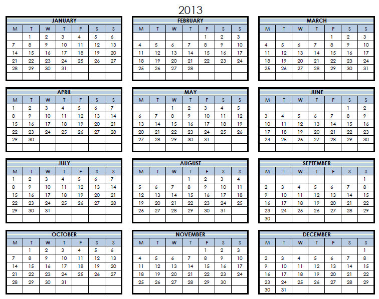 2013 Printable PDF One Page Calendar Yearly - My Excel Templates