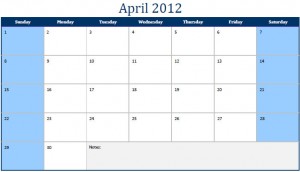 Printable PDF April 2012 Calendar