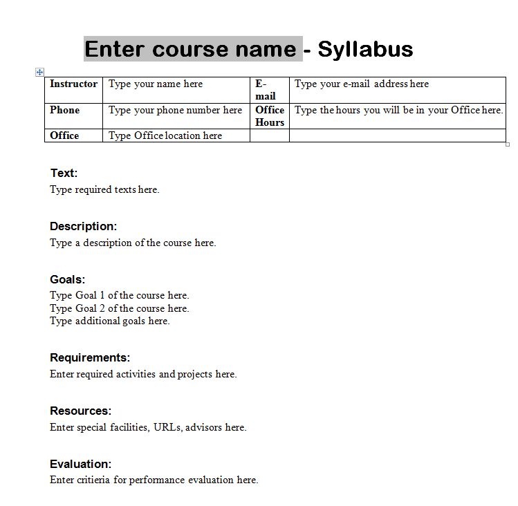 Syllabus Template Course Syllabus Template