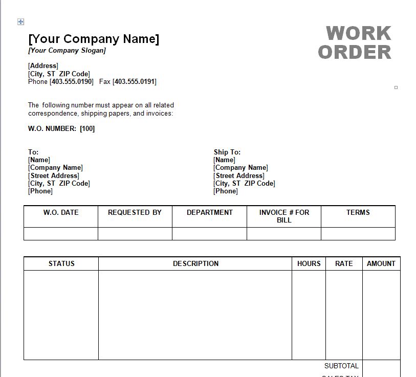 Work Order Template Word | Work Order Form Template Word
