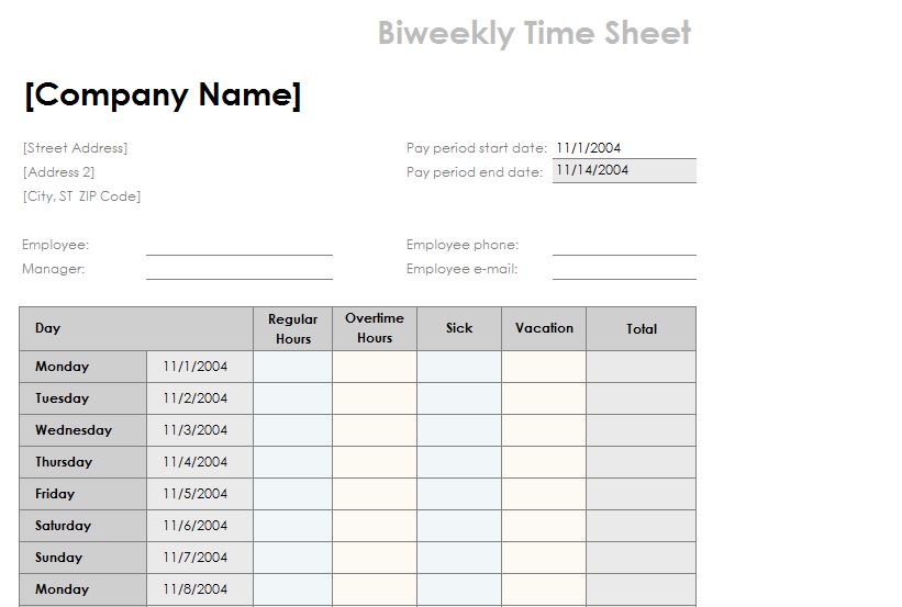 Biweekly Timesheet Template Biweekly Timesheet Excel