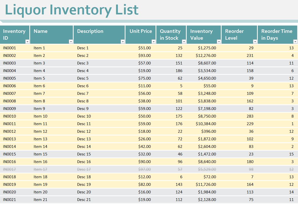 Liquor Inventory Sheet Liquor Inventory Spreadsheet