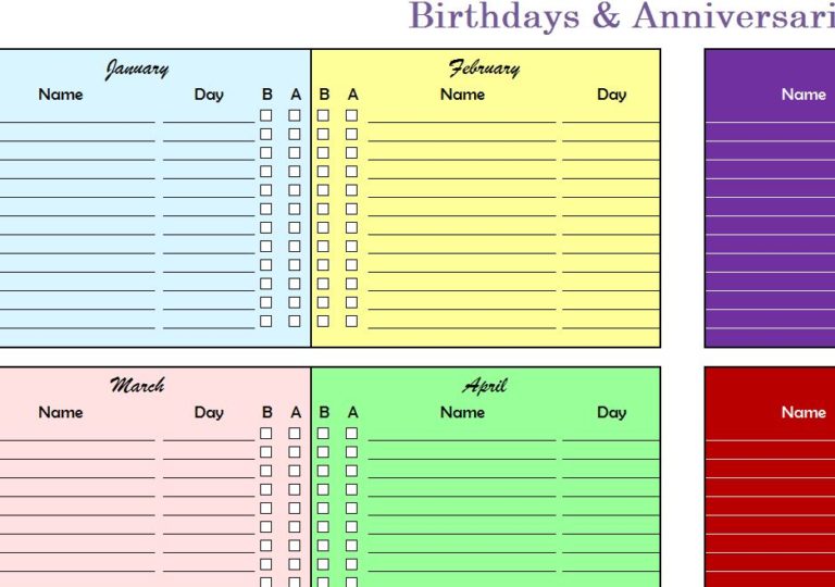 Birthdays & Anniversaries Chart - My Excel Templates