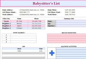 Babysitter’s List Template