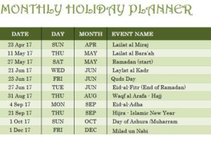 Islamic Holiday Calendar Template
